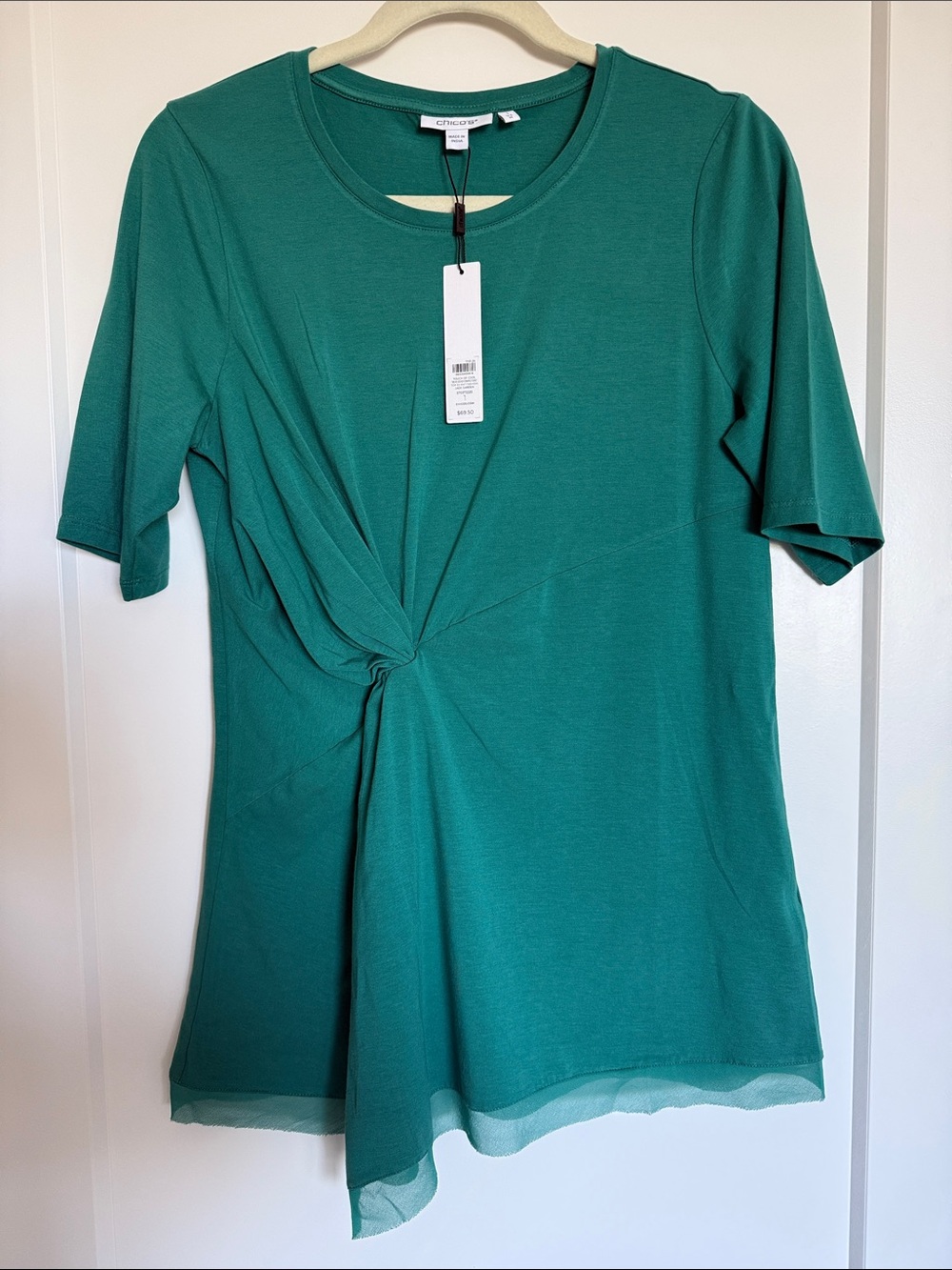 Chico's Green Knot-Front Short Sleeve Top
